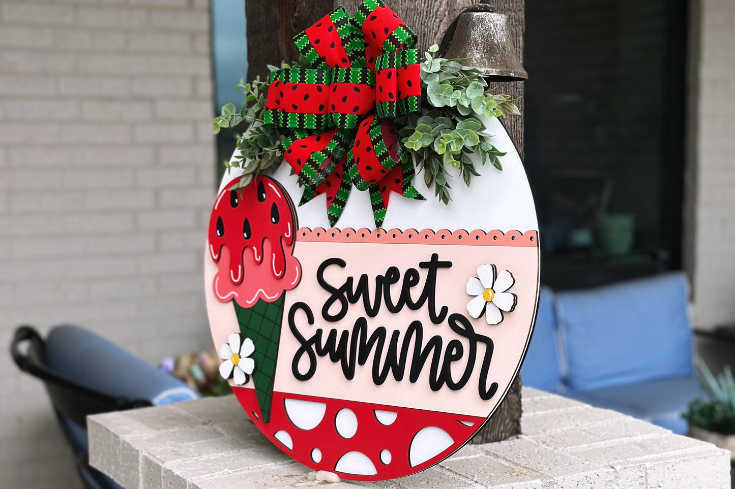 Sweet Summer Watermelon Ice Cream Door Hanger SVG, Layered Laser Cut File for Glowforge Xtool, Summer Porch Sign SVG, 3D Round Door Sign