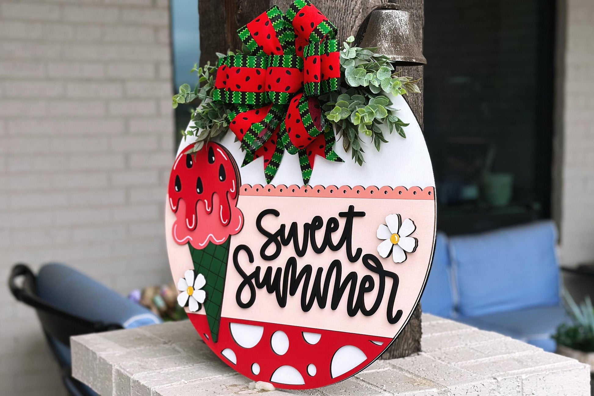 Sweet Summer Watermelon Ice Cream Door Hanger SVG, Layered Laser Cut File for Glowforge Xtool, Summer Porch Sign SVG, 3D Round Door Sign