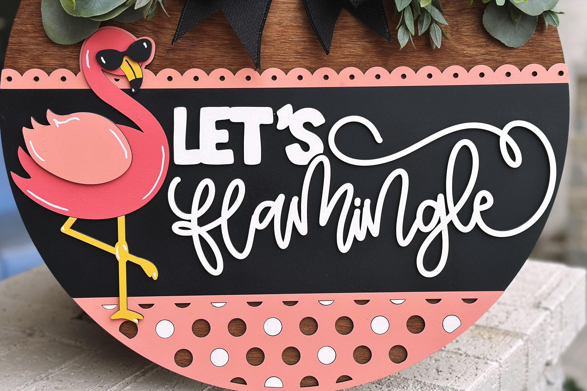 Let’s Flamingle Flamingo Door Hanger SVG, Layered Laser Cut File for Glowforge Xtool, Summer Tropical Sign SVG, 3D Round Door Sign