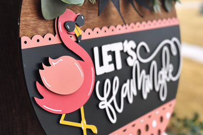 Let’s Flamingle Flamingo Door Hanger SVG, Layered Laser Cut File for Glowforge Xtool, Summer Tropical Sign SVG, 3D Round Door Sign