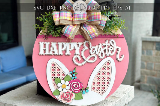 Happy Easter Bunny Ears Door Hanger SVG, Layered Laser Cut File for Glowforge Xtool, 3D Easter Sign SVG, Floral Bunny Porch Decor