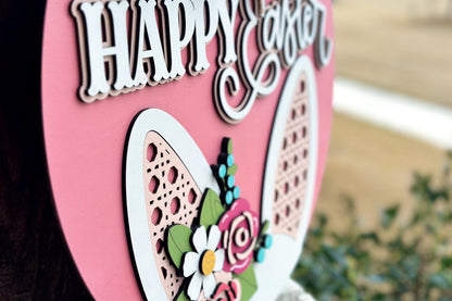 Happy Easter Bunny Ears Door Hanger SVG, Layered Laser Cut File for Glowforge Xtool, 3D Easter Sign SVG, Floral Bunny Porch Decor