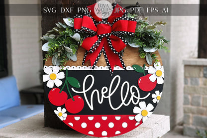 Cherry Hello Door Hanger SVG, Laser Cut File, Farmhouse Welcome Sign, Round Wood Sign SVG, Glowforge File, Layered Door Decor, Summer SVG