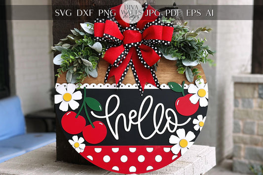 Cherry Hello Door Hanger SVG, Laser Cut File, Farmhouse Welcome Sign, Round Wood Sign SVG, Glowforge File, Layered Door Decor, Summer SVG