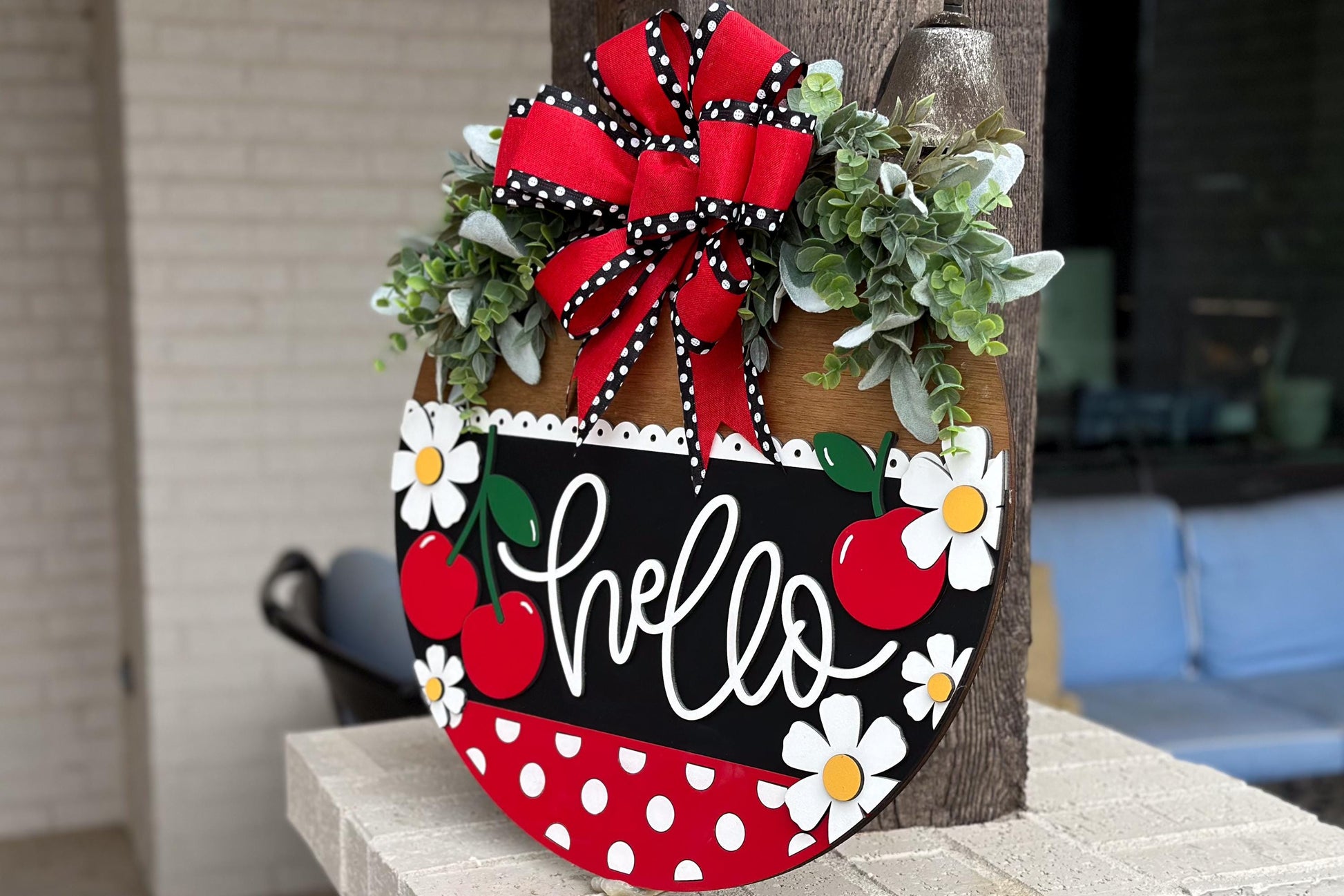 Cherry Hello Door Hanger SVG, Laser Cut File, Farmhouse Welcome Sign, Round Wood Sign SVG, Glowforge File, Layered Door Decor, Summer SVG