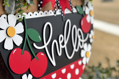 Cherry Hello Door Hanger SVG, Laser Cut File, Farmhouse Welcome Sign, Round Wood Sign SVG, Glowforge File, Layered Door Decor, Summer SVG