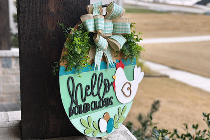 Hello Mother Cluckers Door Hanger SVG, Farmhouse Chicken Sign, Layered Laser Cut File, Rustic Round Wood Sign, Glowforge Xtool Cut File