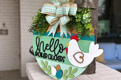 Hello Mother Cluckers Door Hanger SVG, Farmhouse Chicken Sign, Layered Laser Cut File, Rustic Round Wood Sign, Glowforge Xtool Cut File