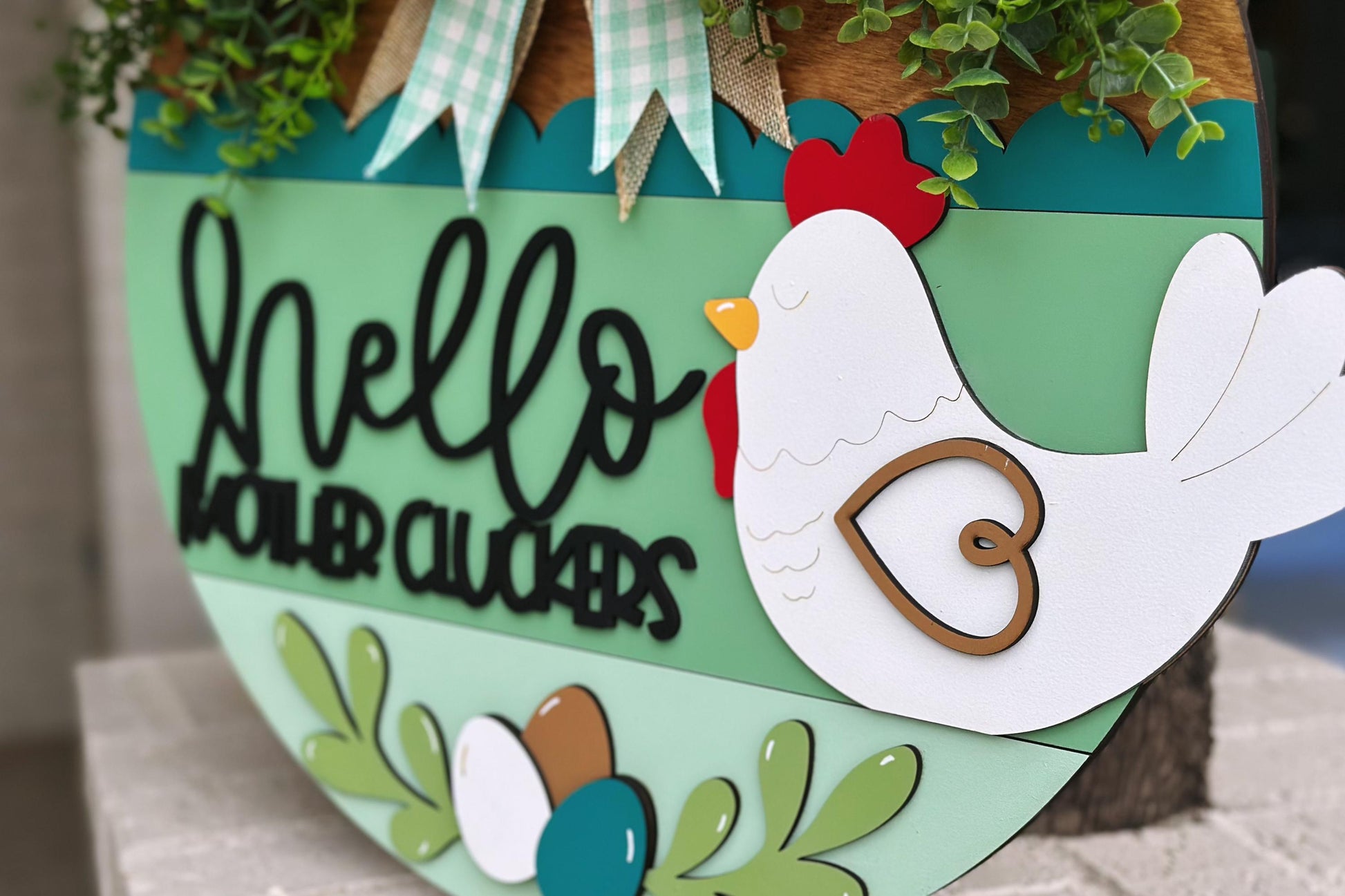 Hello Mother Cluckers Door Hanger SVG, Farmhouse Chicken Sign, Layered Laser Cut File, Rustic Round Wood Sign, Glowforge Xtool Cut File