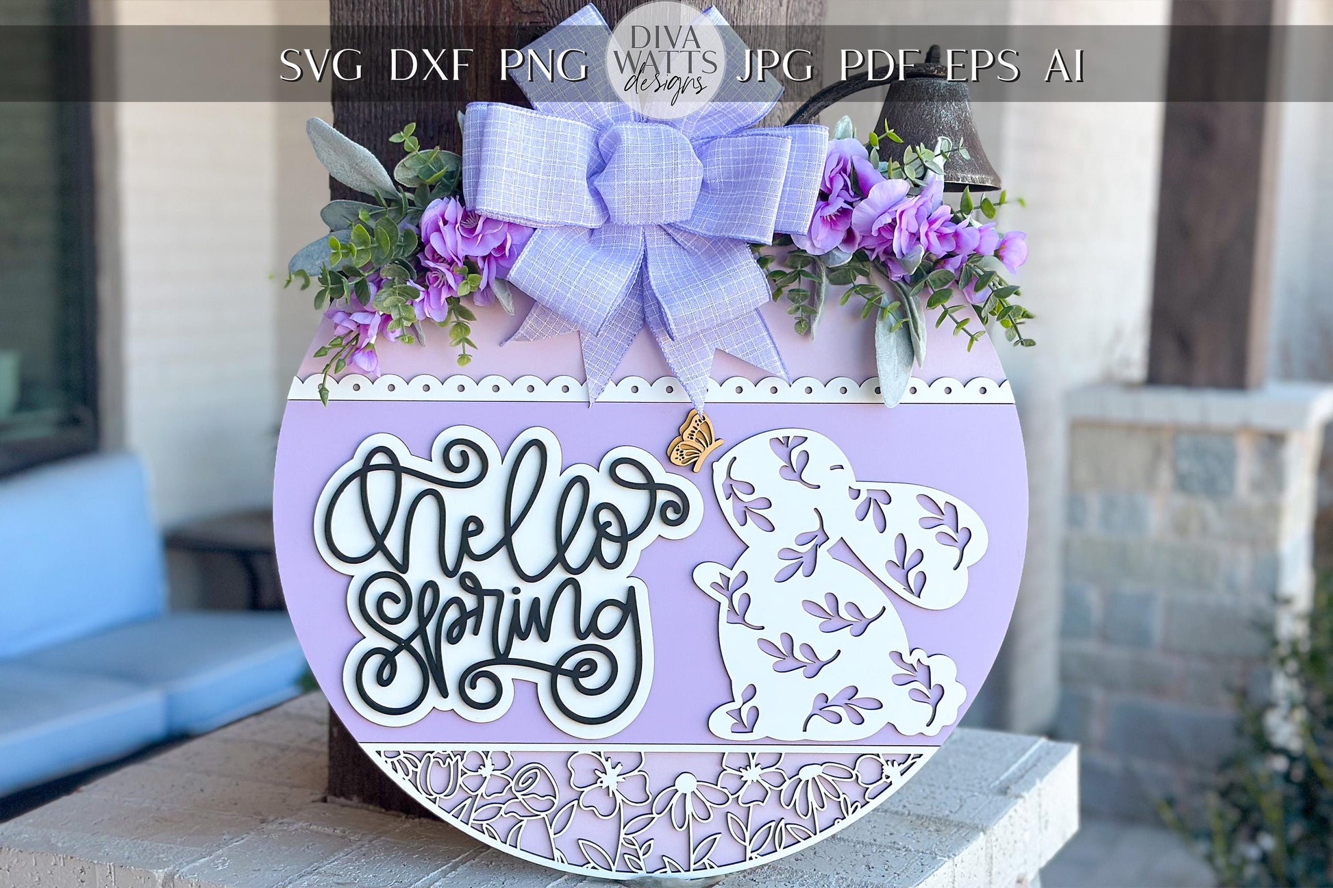 Hello Spring Bunny Door Hanger SVG, 3D Layered Laser Cut File, Spring Porch Sign, Glowforge, Xtool, Laser SVG Farmhouse Spring Decor