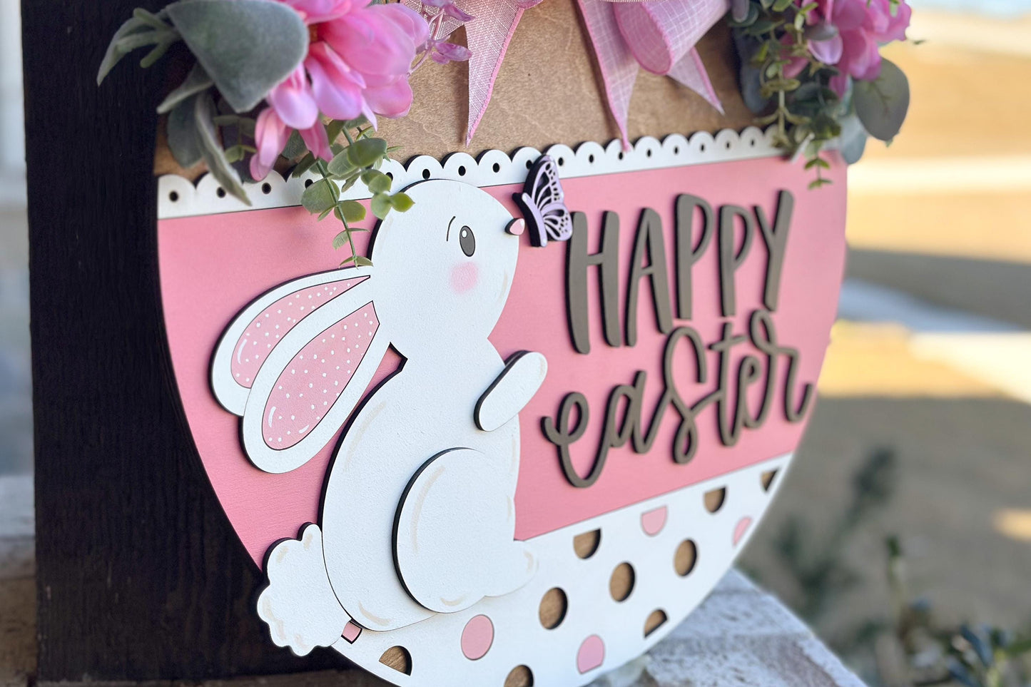 Happy Easter Bunny with Butterfly Door Hanger SVG, 3D Layered Laser Cut File, Spring Porch Sign, Glowforge, Xtool, Laser SVG