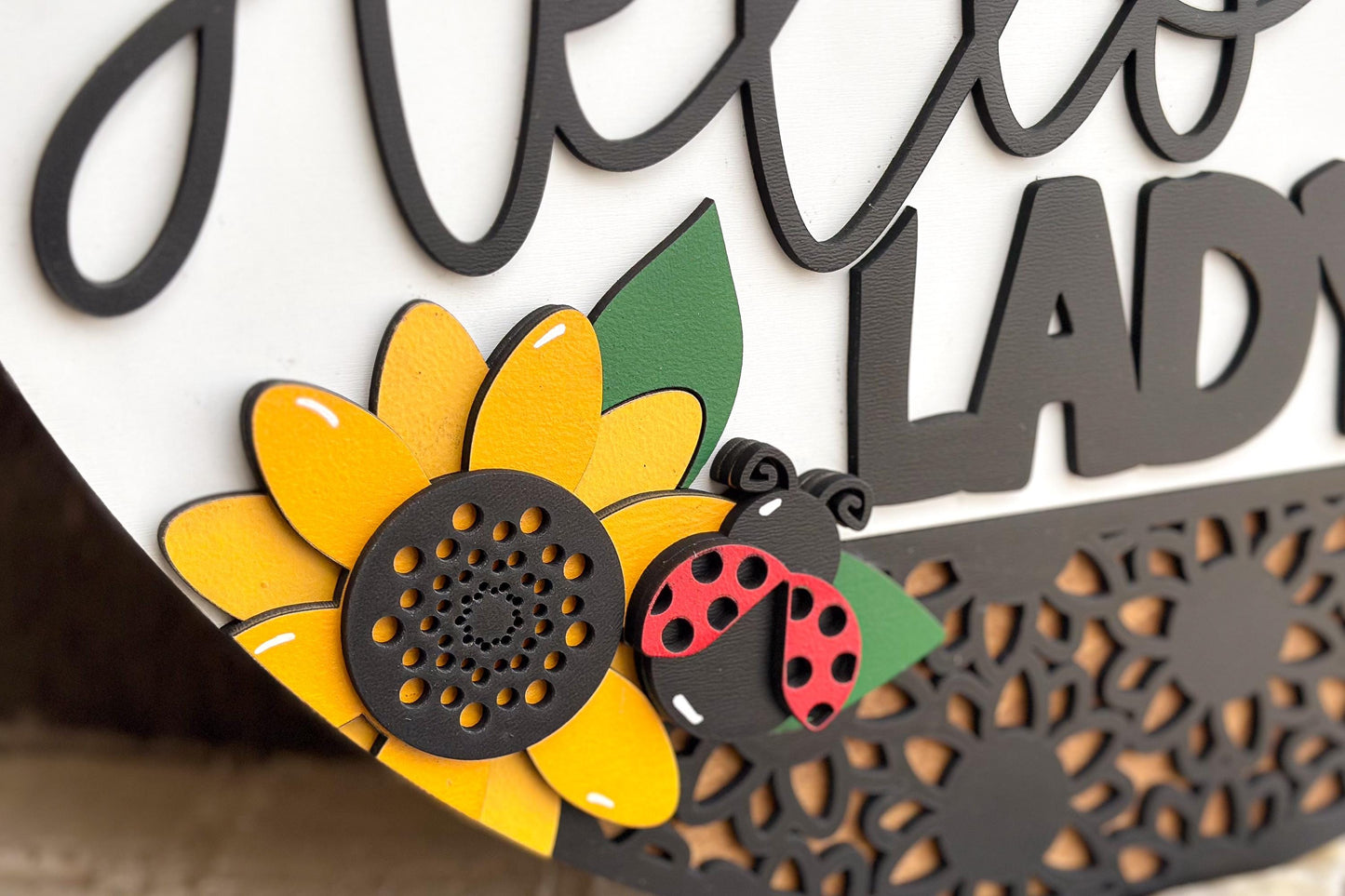 Hello Ladybug Door Hanger SVG, 3D Layered Laser Cut File, Sunflower Porch Sign, Spring Welcome Sign, Glowforge xTool Cut File