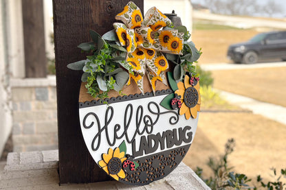 Hello Ladybug Door Hanger SVG, 3D Layered Laser Cut File, Sunflower Porch Sign, Spring Welcome Sign, Glowforge xTool Cut File