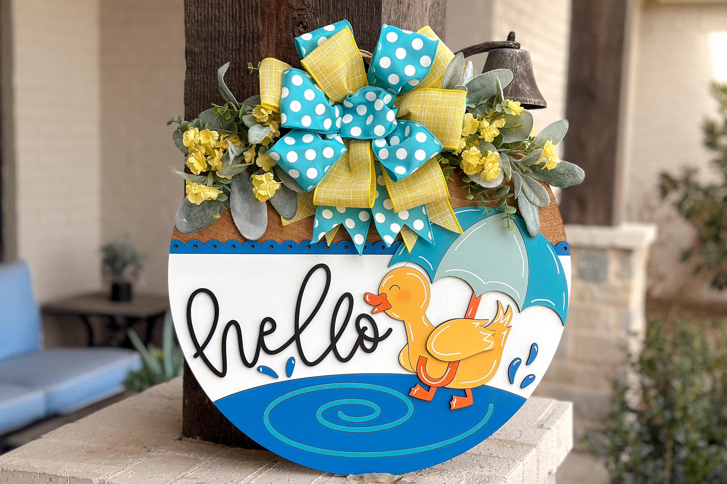 Hello Duck Rainy Day Door Hanger SVG, 3D Layered Laser Cut File, Spring Porch Sign, Cute Duckling Umbrella Sign, Glowforge xTool Cut File