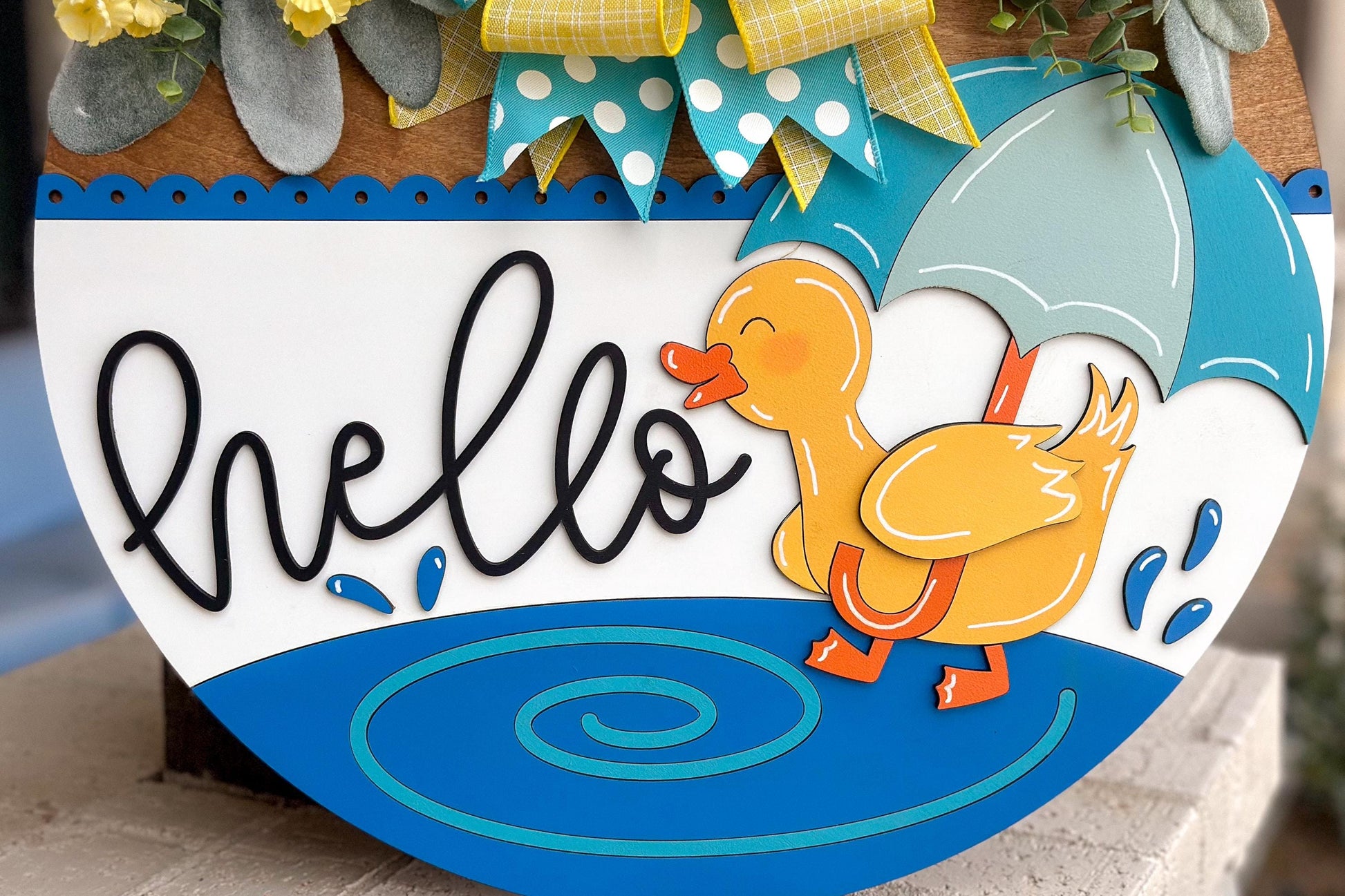 Hello Duck Rainy Day Door Hanger SVG, 3D Layered Laser Cut File, Spring Porch Sign, Cute Duckling Umbrella Sign, Glowforge xTool Cut File