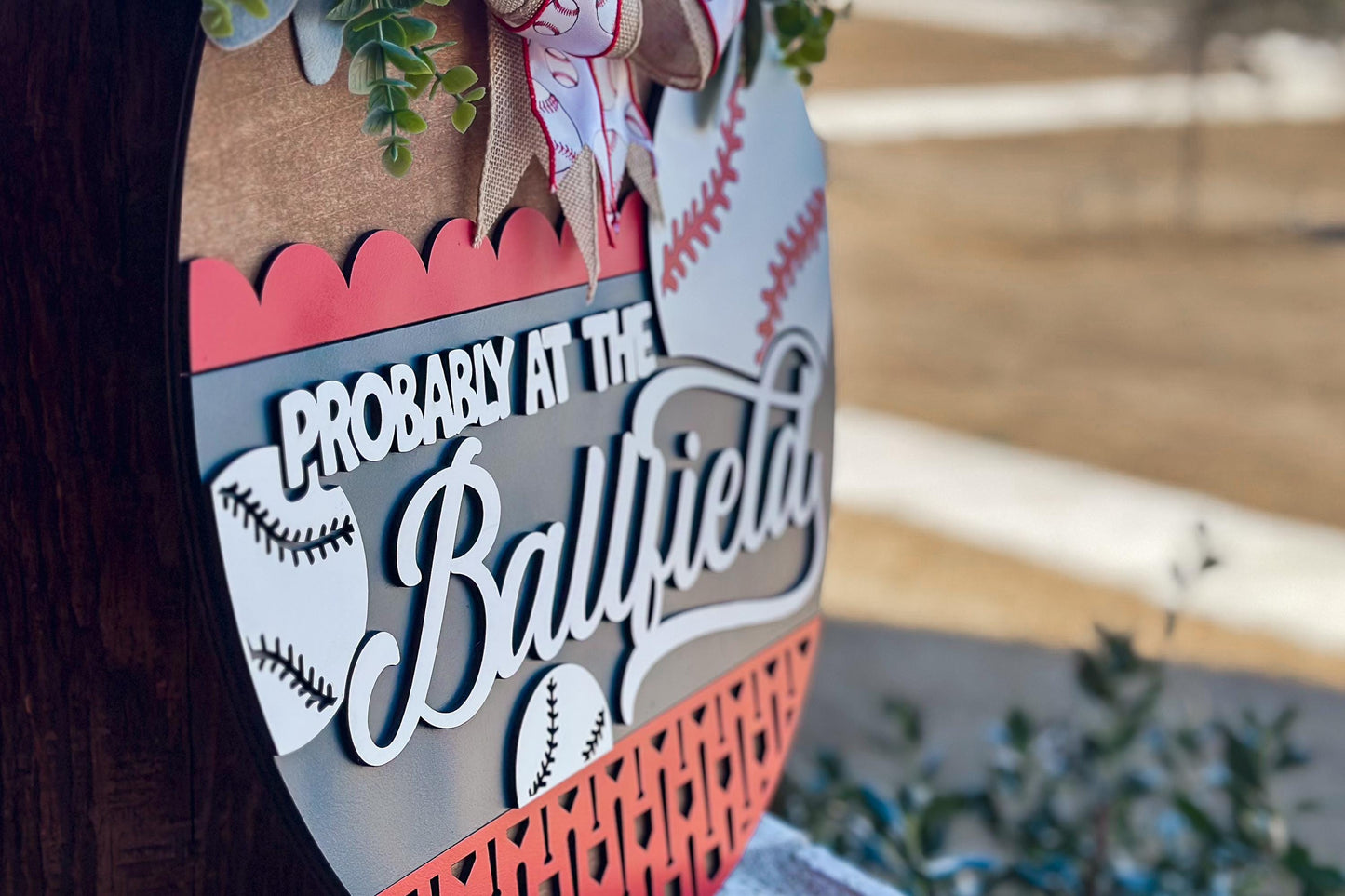 Baseball Door Hanger SVG, Probably at the Ballfield Sign, 3D Layered Sports Laser Cut File, Baseball Mom Laser Sign, Glowforge Xtool File