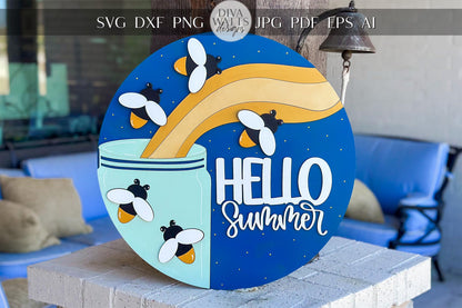 Hello Summer SVG, Firefly Door Hanger Laser Cut File, Summer Porch Sign SVG, Layered 3D Glowforge File, xTool Laser, Mason Jar Firefly Sign