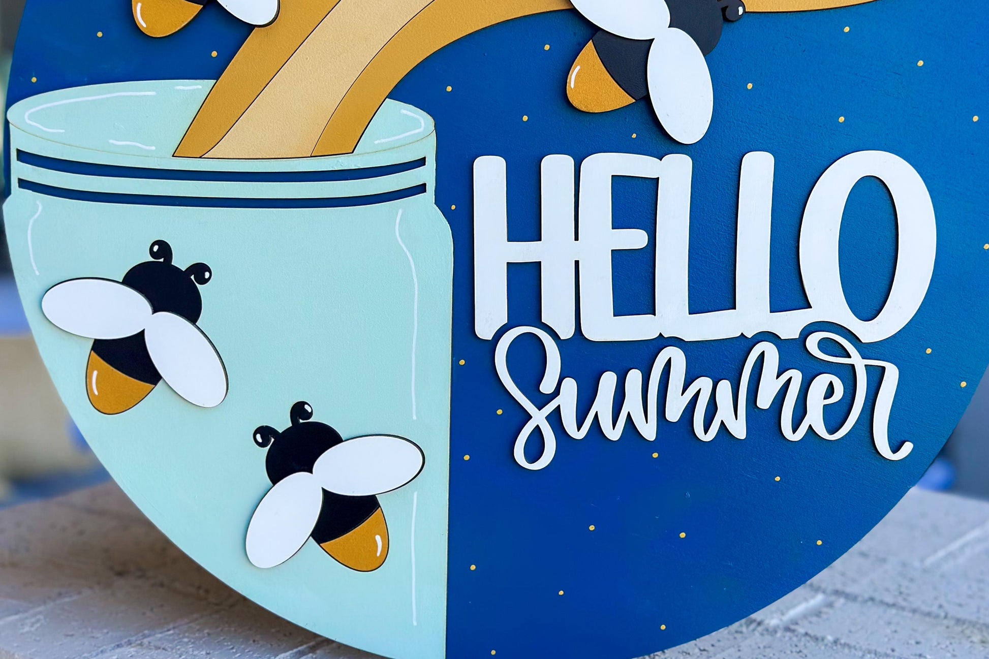 Hello Summer SVG, Firefly Door Hanger Laser Cut File, Summer Porch Sign SVG, Layered 3D Glowforge File, xTool Laser, Mason Jar Firefly Sign