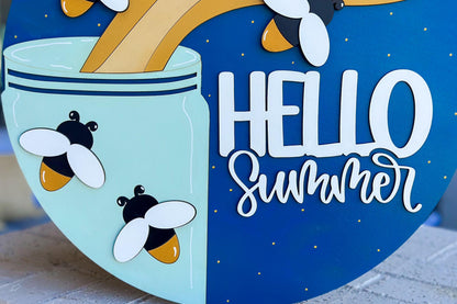 Hello Summer SVG, Firefly Door Hanger Laser Cut File, Summer Porch Sign SVG, Layered 3D Glowforge File, xTool Laser, Mason Jar Firefly Sign