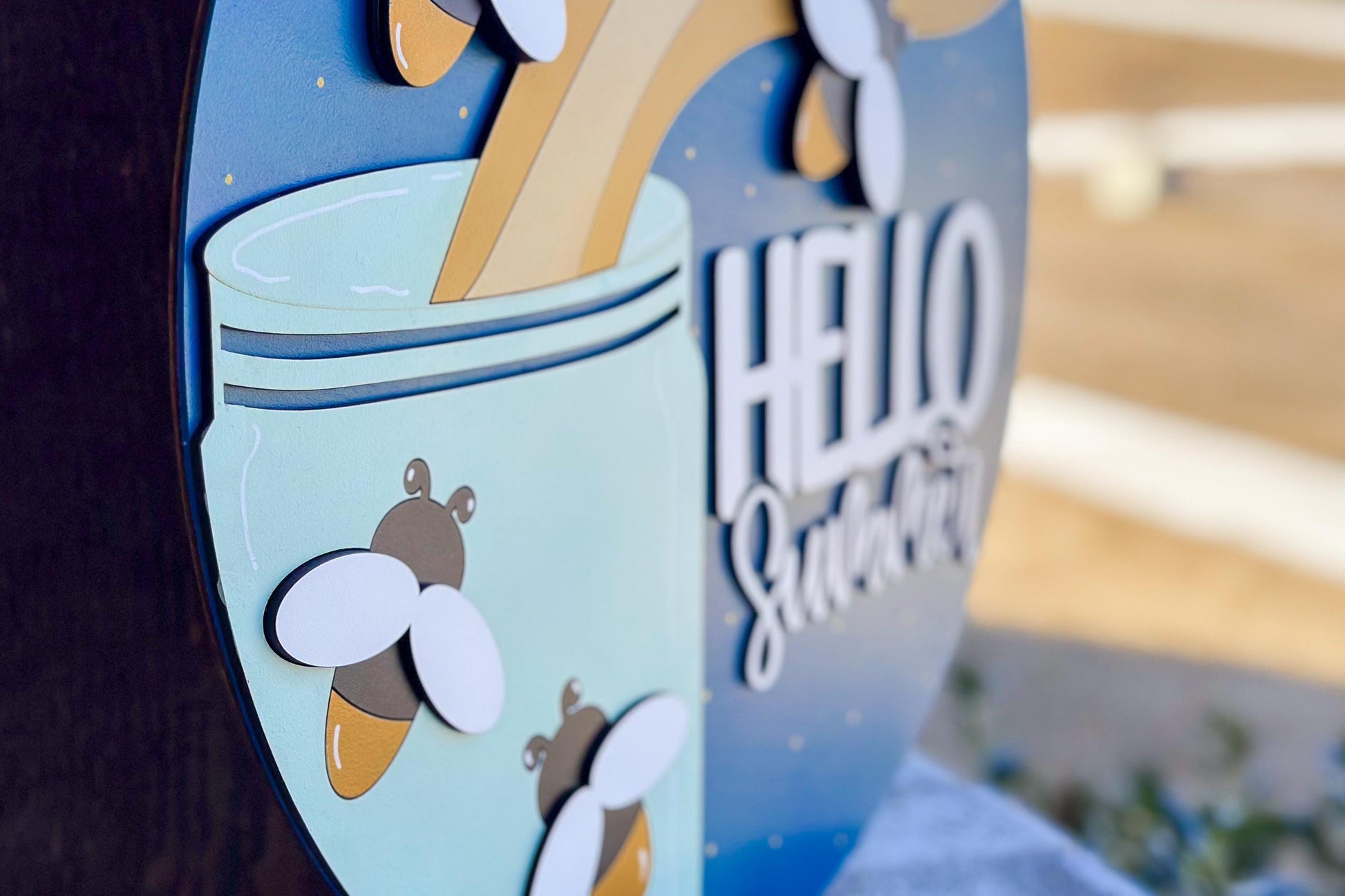 Hello Summer SVG, Firefly Door Hanger Laser Cut File, Summer Porch Sign SVG, Layered 3D Glowforge File, xTool Laser, Mason Jar Firefly Sign