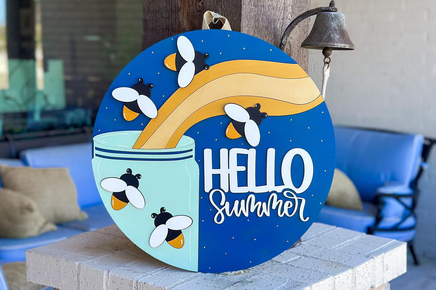 Hello Summer SVG, Firefly Door Hanger Laser Cut File, Summer Porch Sign SVG, Layered 3D Glowforge File, xTool Laser, Mason Jar Firefly Sign