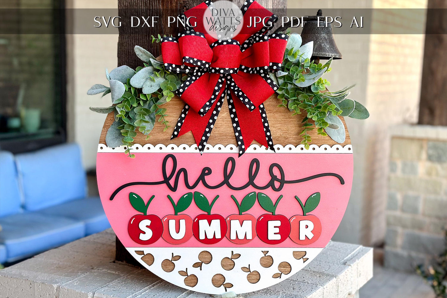 Hello Summer Cherry SVG, Laser Cut Door Hanger File, Farmhouse Summer Sign, Cherry Porch Decor, Glowforge Xtool File, DIY Wood Sign