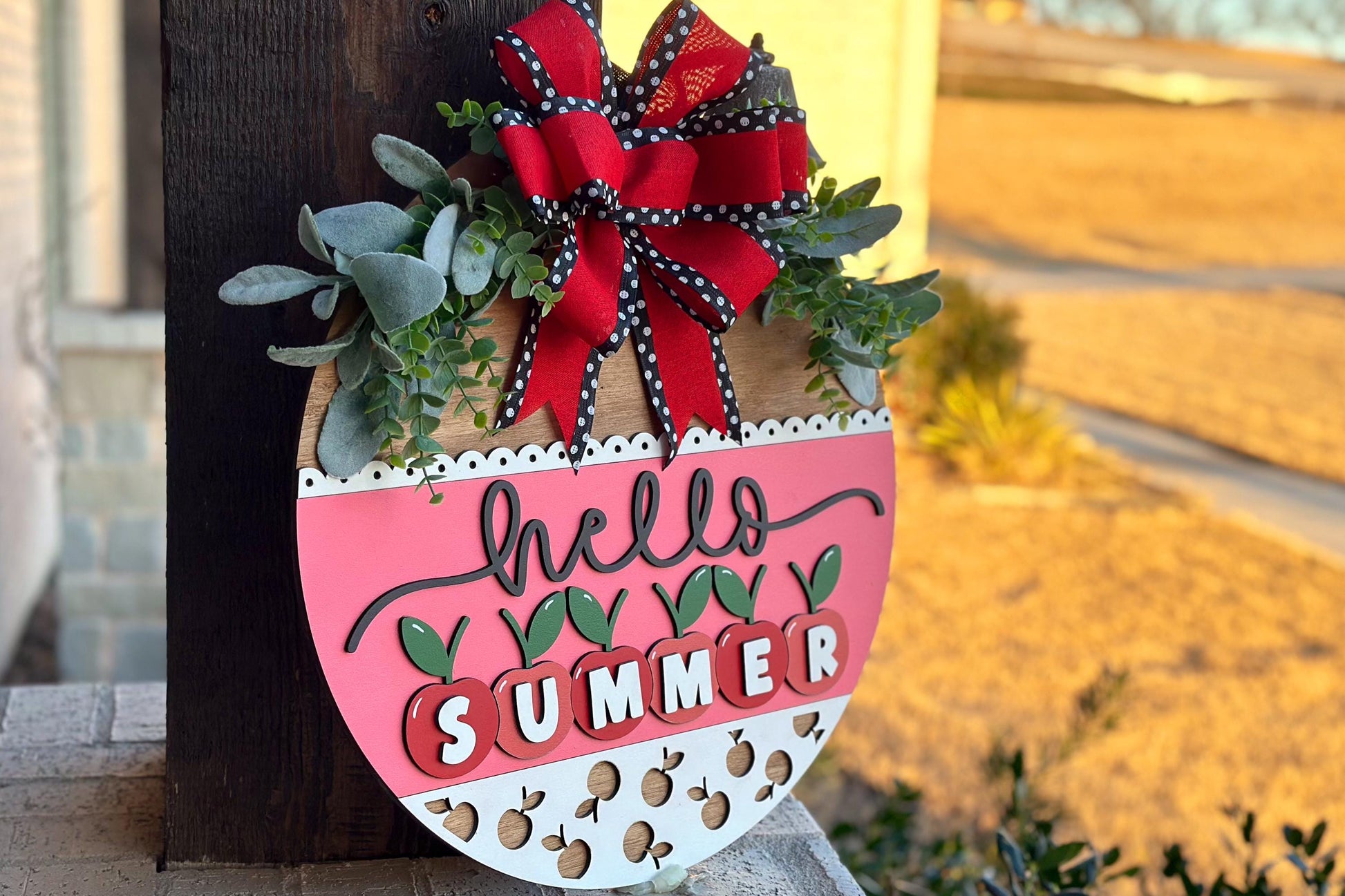 Hello Summer Cherry SVG, Laser Cut Door Hanger File, Farmhouse Summer Sign, Cherry Porch Decor, Glowforge Xtool File, DIY Wood Sign