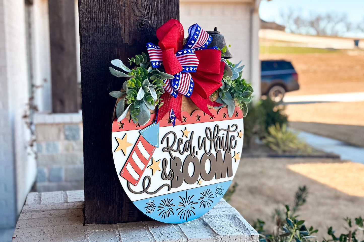 Red White and Boom SVG, Patriotic Door Hanger Laser Cut File, 4th of July SVG, Layered 3D Laser Sign Fireworks Porch Decor, Glowforge, xTool