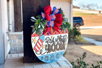 Red White and Boom SVG, Patriotic Door Hanger Laser Cut File, 4th of July SVG, Layered 3D Laser Sign Fireworks Porch Decor, Glowforge, xTool