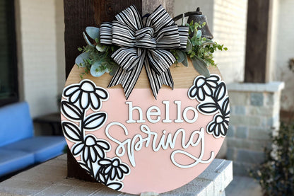 Hello Spring Door Hanger SVG, Layered Floral Sign Laser Cut File, Round Wooden Sign SVG, Spring Porch Decor, Glowforge Xtool File