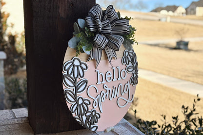Hello Spring Door Hanger SVG, Layered Floral Sign Laser Cut File, Round Wooden Sign SVG, Spring Porch Decor, Glowforge Xtool File