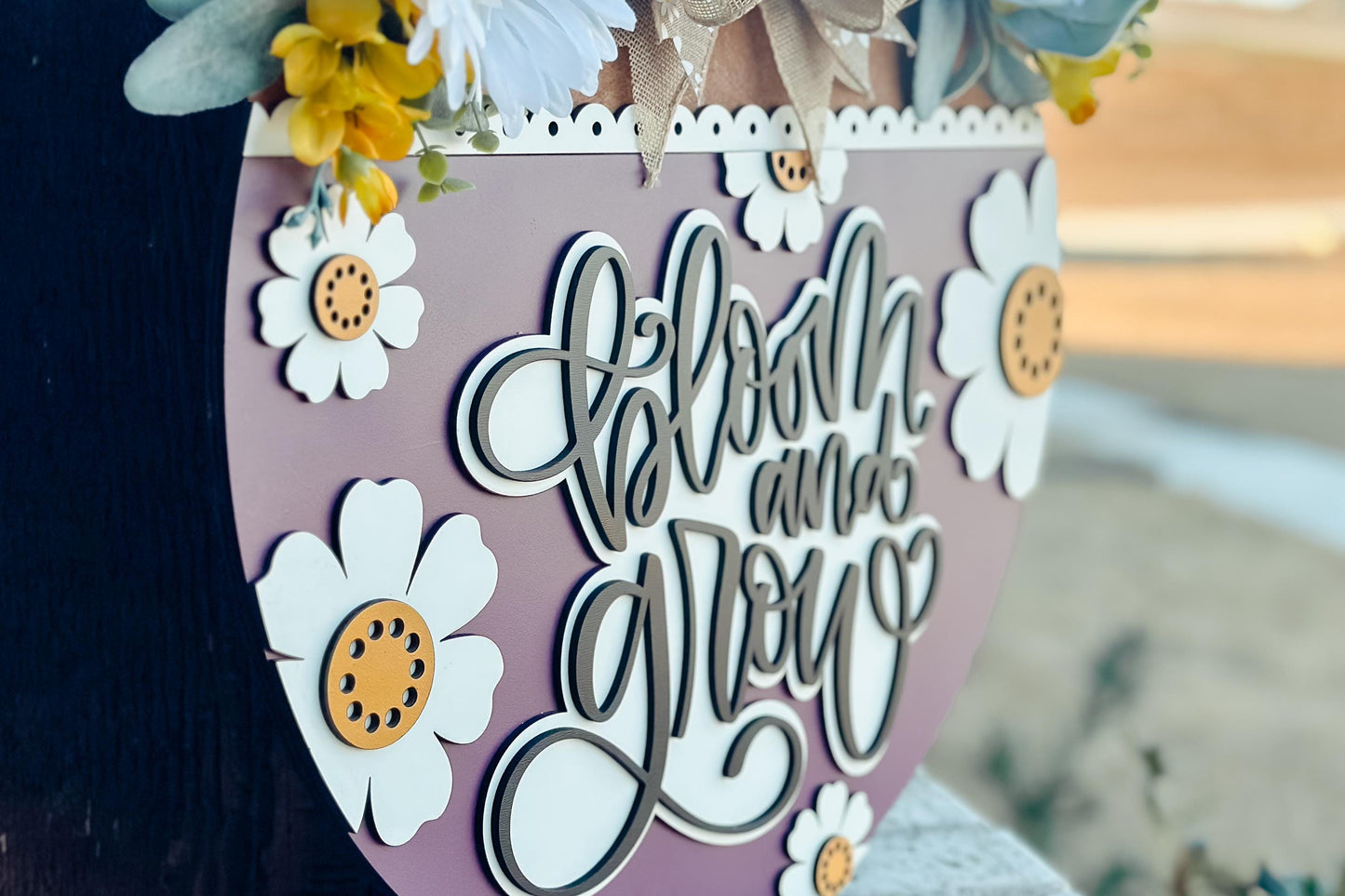 Bloom and Grow SVG, Floral Door Hanger Laser Cut File, Layered 3D Porch Sign, Spring Summer Decor, Glowforge xTool Laser File Daisy Sign SVG