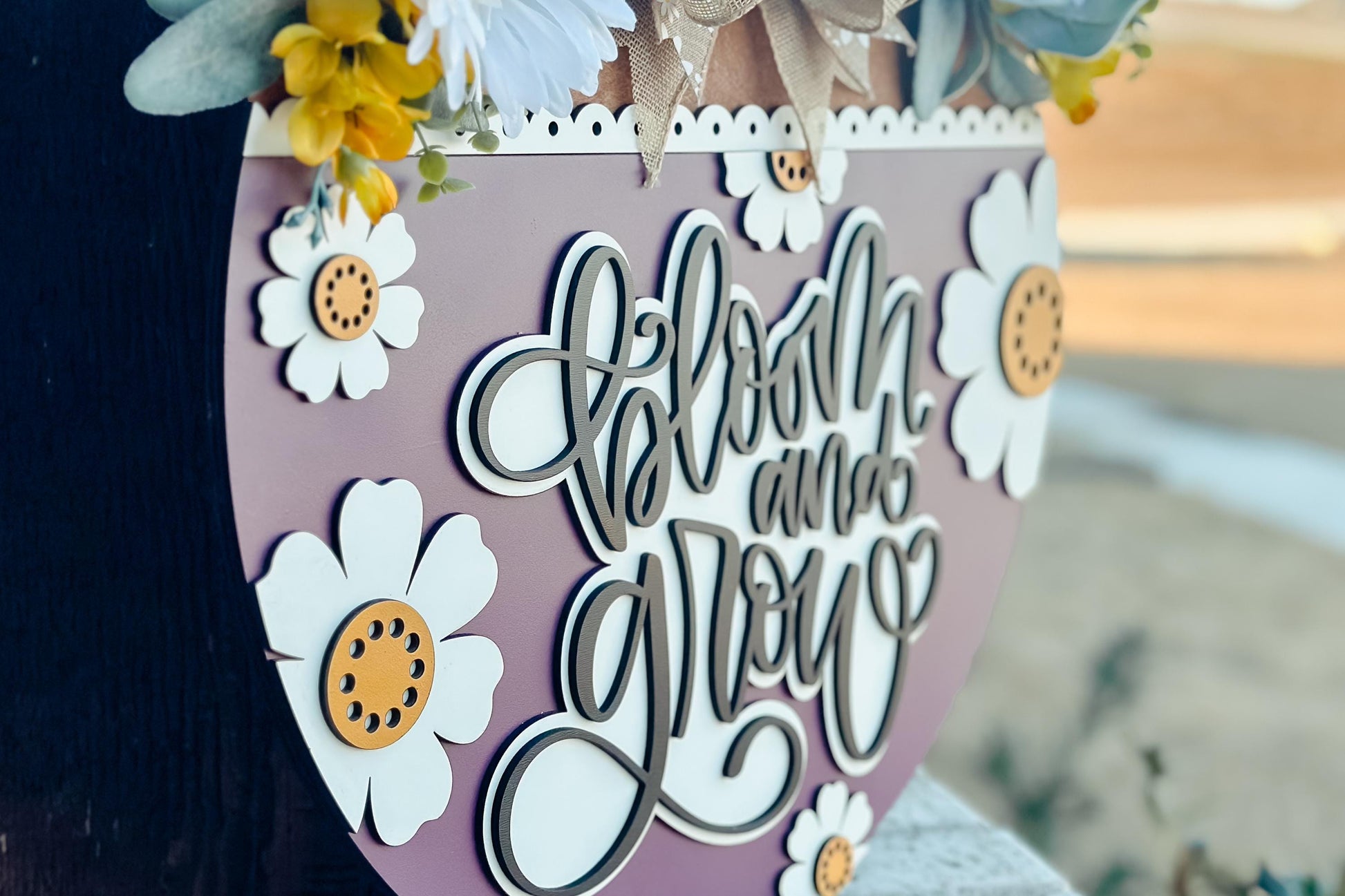 Bloom and Grow SVG, Floral Door Hanger Laser Cut File, Layered 3D Porch Sign, Spring Summer Decor, Glowforge xTool Laser File Daisy Sign SVG