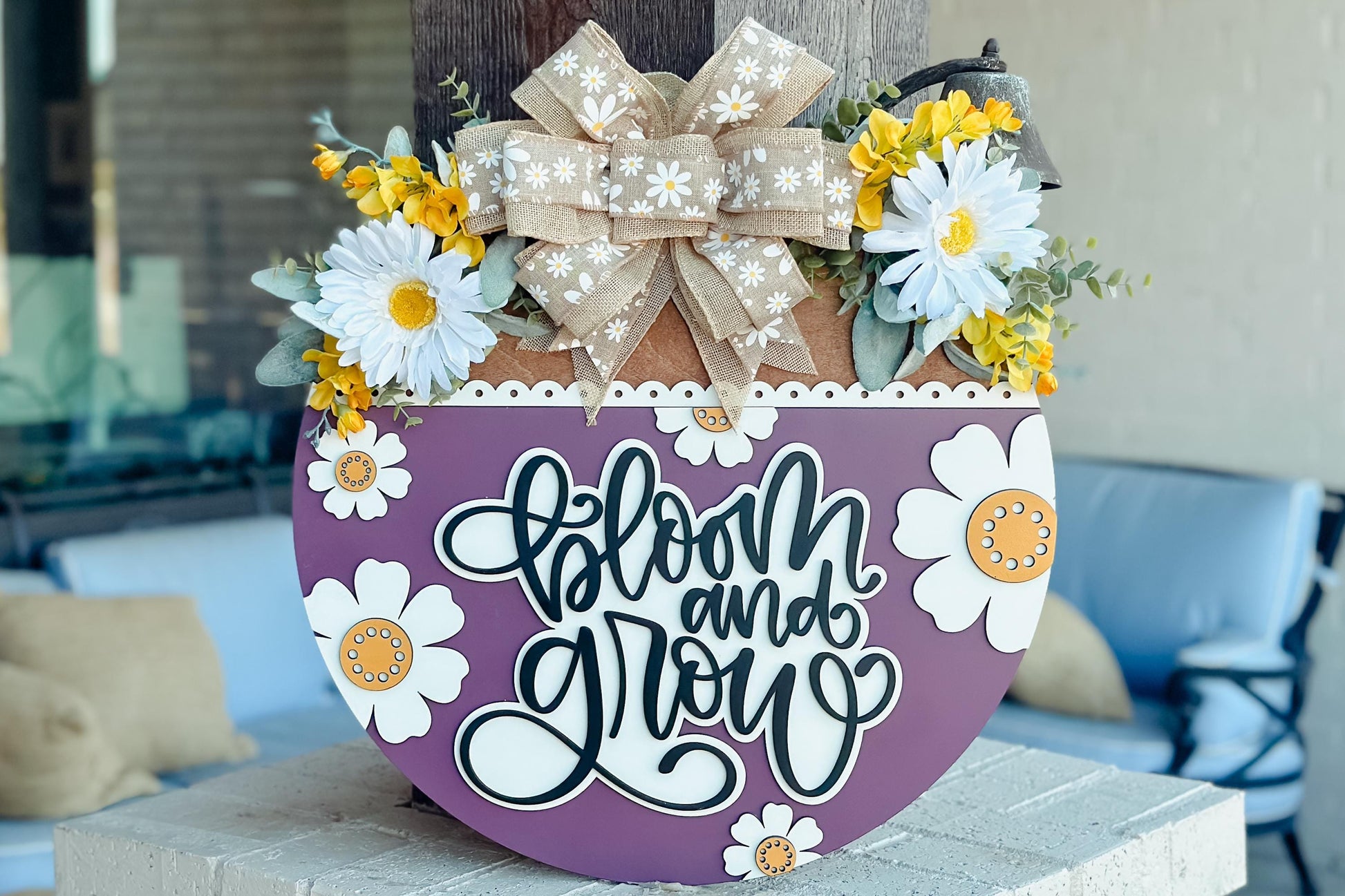 Bloom and Grow SVG, Floral Door Hanger Laser Cut File, Layered 3D Porch Sign, Spring Summer Decor, Glowforge xTool Laser File Daisy Sign SVG
