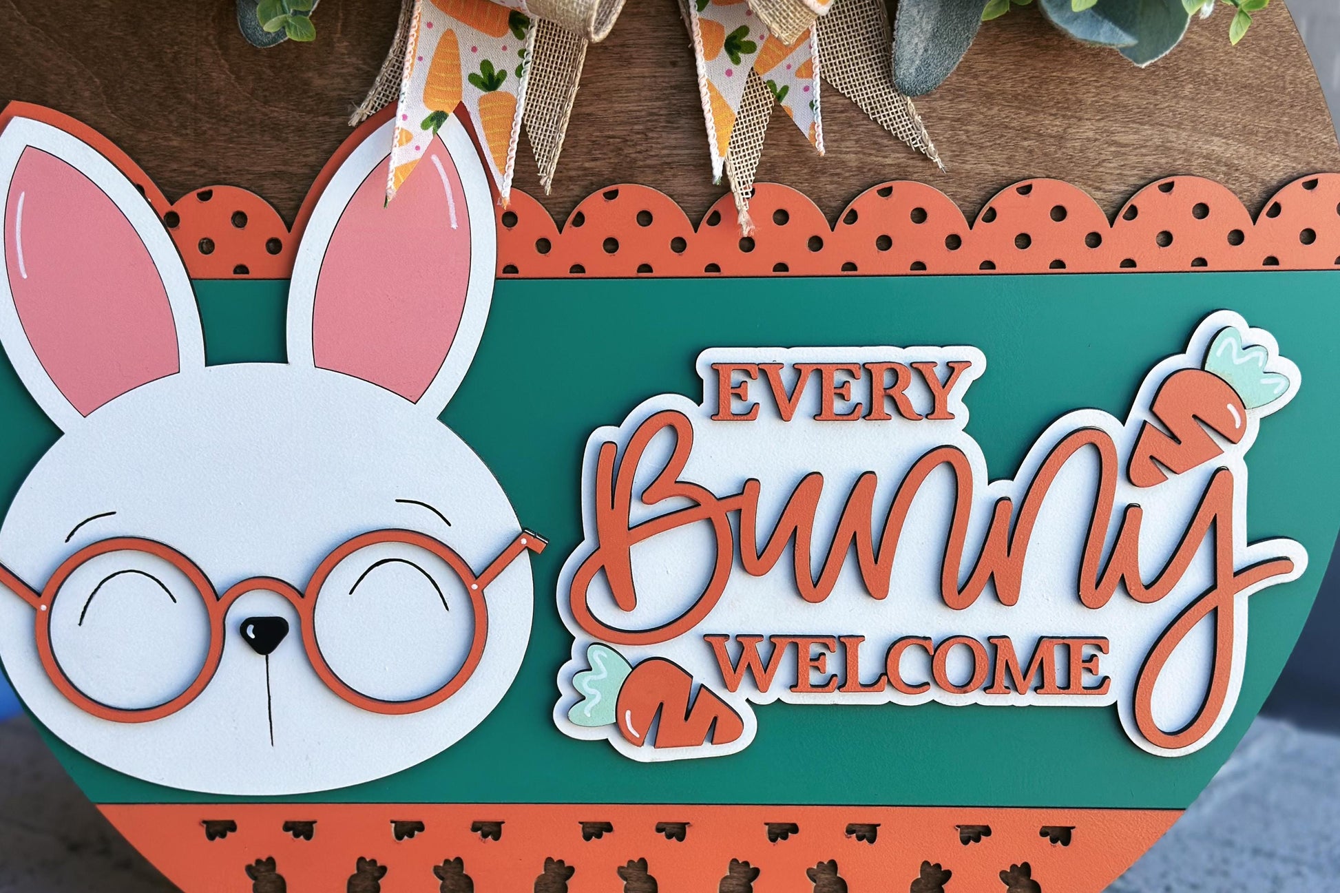 Every Bunny Welcome Door Hanger SVG, Easter Bunny Layered Laser Cut File, Spring Porch Sign SVG, Glowforge Xtool Cut File