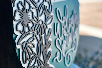 Welcome Spring Door Hanger SVG, Layered Floral Laser Cut File, Spring Porch Sign SVG, Glowforge Xtool Cut File, Farmhouse Decor