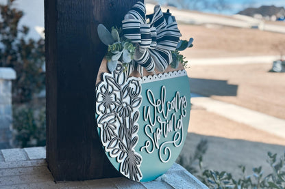 Welcome Spring Door Hanger SVG, Layered Floral Laser Cut File, Spring Porch Sign SVG, Glowforge Xtool Cut File, Farmhouse Decor