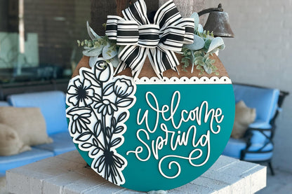 Welcome Spring Door Hanger SVG, Layered Floral Laser Cut File, Spring Porch Sign SVG, Glowforge Xtool Cut File, Farmhouse Decor