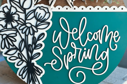 Welcome Spring Door Hanger SVG, Layered Floral Laser Cut File, Spring Porch Sign SVG, Glowforge Xtool Cut File, Farmhouse Decor