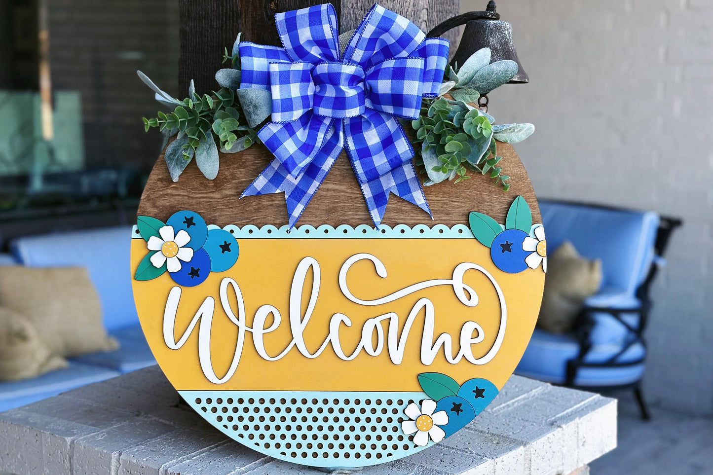 Welcome Sign SVG Laser Cut File, Blueberry and Daisy Door Hanger, Layered Porch Sign, 3D Farmhouse Decor, Glowforge File