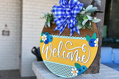 Welcome Sign SVG Laser Cut File, Blueberry and Daisy Door Hanger, Layered Porch Sign, 3D Farmhouse Decor, Glowforge File