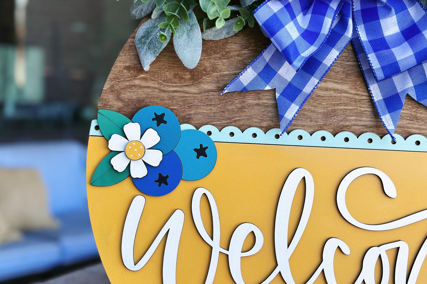Welcome Sign SVG Laser Cut File, Blueberry and Daisy Door Hanger, Layered Porch Sign, 3D Farmhouse Decor, Glowforge File