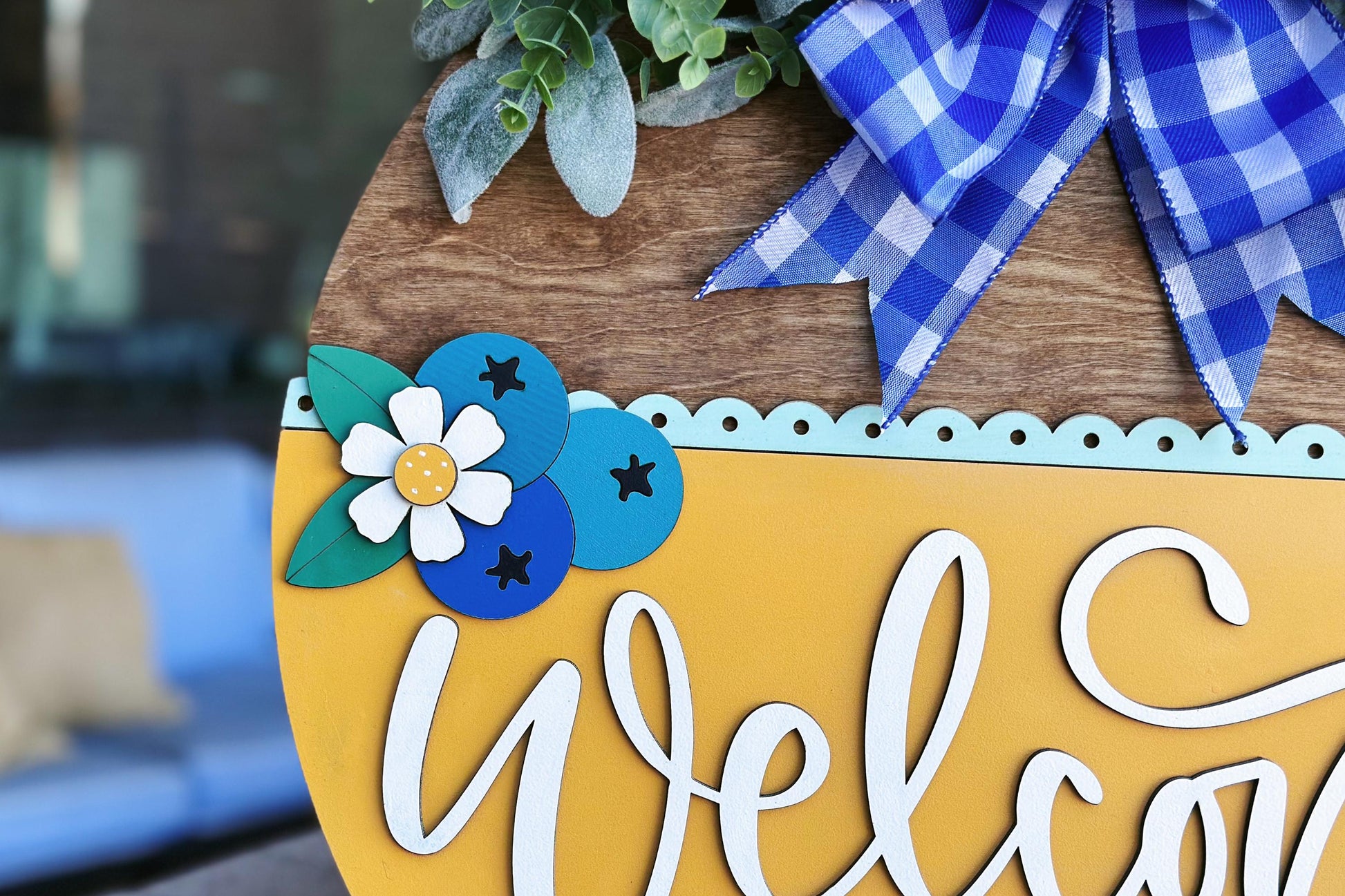 Welcome Sign SVG Laser Cut File, Blueberry and Daisy Door Hanger, Layered Porch Sign, 3D Farmhouse Decor, Glowforge File