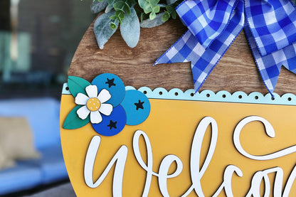 Welcome Sign SVG Laser Cut File, Blueberry and Daisy Door Hanger, Layered Porch Sign, 3D Farmhouse Decor, Glowforge File