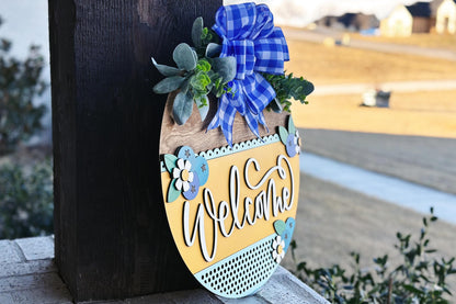 Welcome Sign SVG Laser Cut File, Blueberry and Daisy Door Hanger, Layered Porch Sign, 3D Farmhouse Decor, Glowforge File