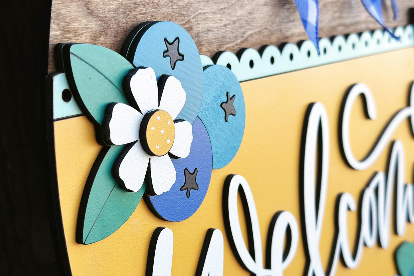 Welcome Sign SVG Laser Cut File, Blueberry and Daisy Door Hanger, Layered Porch Sign, 3D Farmhouse Decor, Glowforge File