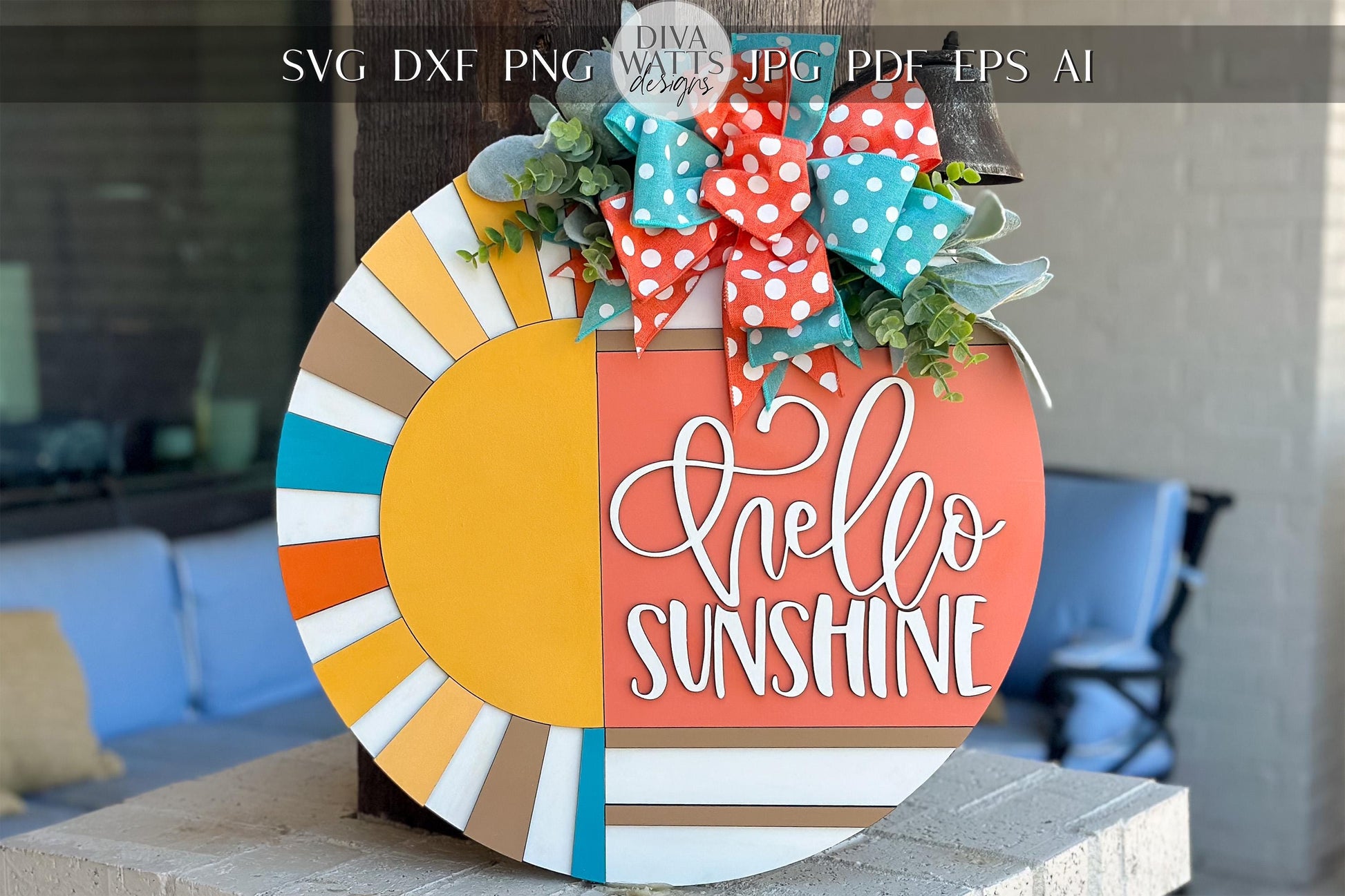 Hello Sunshine Door Hanger SVG, Round Summer Sign Laser Cut File, Sunburst Layered Sign, Farmhouse Porch Decor, Glowforge xTool Cut File