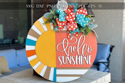 Hello Sunshine Door Hanger SVG, Round Summer Sign Laser Cut File, Sunburst Layered Sign, Farmhouse Porch Decor, Glowforge xTool Cut File