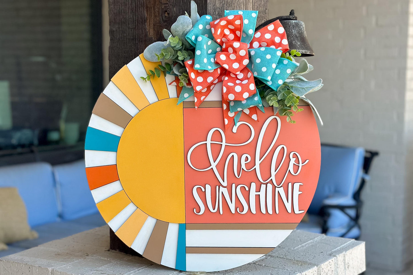 Hello Sunshine Door Hanger SVG, Round Summer Sign Laser Cut File, Sunburst Layered Sign, Farmhouse Porch Decor, Glowforge xTool Cut File