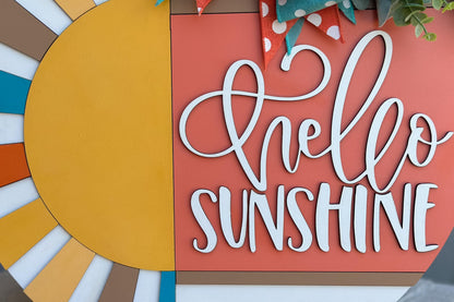 Hello Sunshine Door Hanger SVG, Round Summer Sign Laser Cut File, Sunburst Layered Sign, Farmhouse Porch Decor, Glowforge xTool Cut File